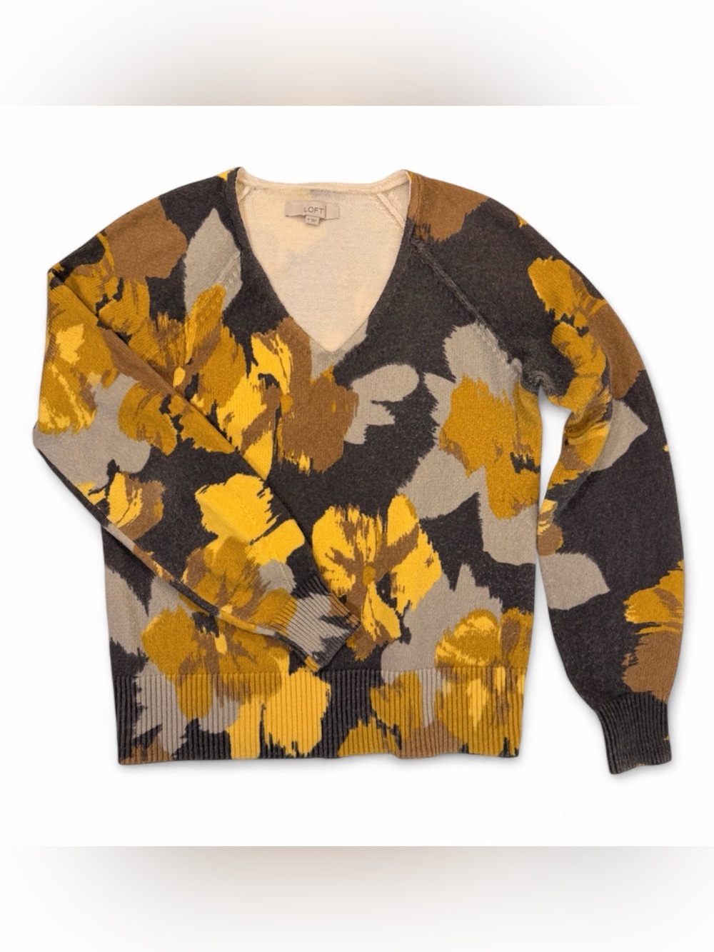 LOFT Floral V-Neck Sweater Charcoal Mustard Yellow Gray Brown M NWOT